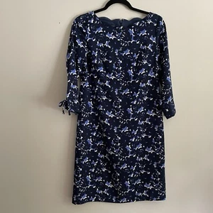 Talbots Women 2 Blue Floral Print Scallop Neckline 3/4 Sleeves Crepe Shift Dress - Picture 1 of 9