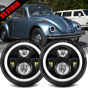 Pair 7" Inch Round LED Headlights Hi/Low Beam Halo DRL For 1950-1979 VW Beetle - Picture 1 of 13