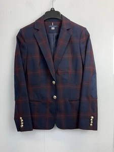 Tommy Hilfiger Blazer Navy Burgundy Plaid Damen Gr. 2 Ellenbogen Patches Jacke - Bild 1 von 13