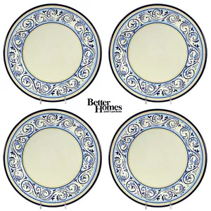 Better Homes and Gardens RENES 10.5" Dinner Plate Set 4Pc Blue Scroll Gold Band - Picture 1 of 10