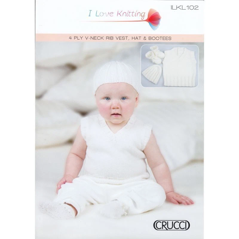 ILKL102 Knitting Pattern Baby 4Ply V-Neck Rib Vest, Hat & Booties - Image 1 of 1
