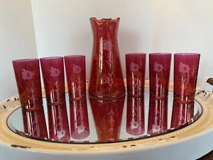 VINTAGE FEDERAL CRANBERRY GLASS PITCHER SET 6 GLASSES ETCHED FLORAL - Picture 1 of 22