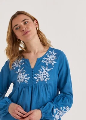 Tunic Top 16 Cobalt Blue Cotton Linen Blend Embroidered V Neckline - Image 1 of 4