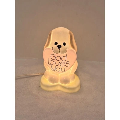 RARE  Vintage ENESCO Puppy Dog Heart "God Loves You" Nursery Nightlight Lamp 6" - Image 1 of 4