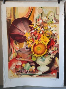 Lithographie de Robert Vernet-Bonfort composition florale et phonographe /AP15 - Picture 1 of 3