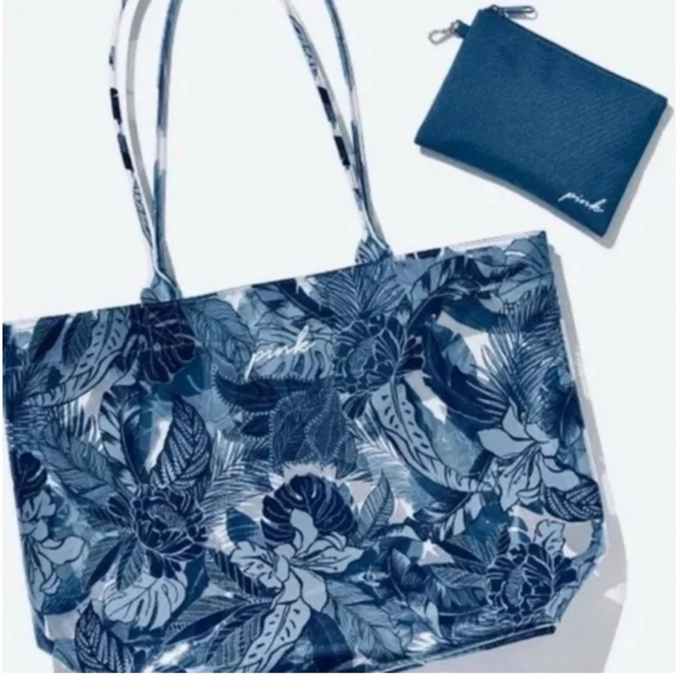 Victorias Secret 2 PC Set Pink Floral Transparent Tote Pouch Shopping Bag