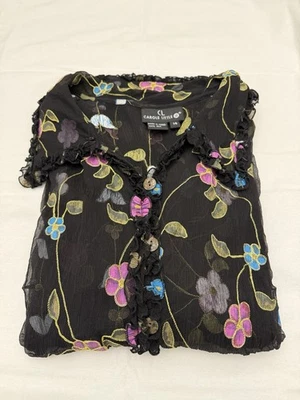Blusa Carole Little Vintage Años 90 Negra Floral Seda Transparente Boho Volantes Botón 14 Foto 1 de 4