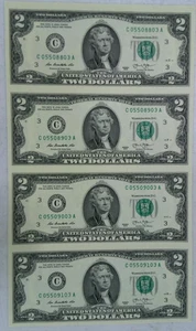 2013 $2 UNCUT SHEET OF 4 TWO DOLLAR NOTES C05508803A C05509103A - Picture 1 of 3