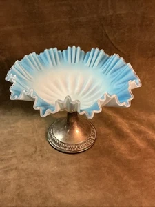 WMF silver plate ruffled Art Glass blue white satin crystal trim compote dish - Picture 1 of 7