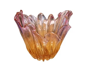 Jarrón vintage de cristal artístico de Murano MCM con cesta soplado a mano de 10" de alto naranja rosa  - Imagen 1 de 8