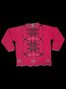 Suéter de lana tejido a mano Woolrich de colección M rojo rubí copo de nieve nórdico corazones tejidos con cable - Imagen 1 de 11