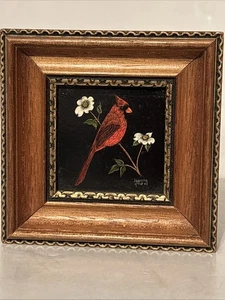 Vintage Jeanne Reifel Kardinal Vogel Blumen Kratzbrett klein Kunst Gemälde Volkskunst - Bild 1 von 6