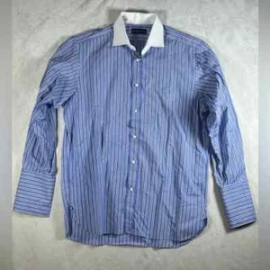 Ralph Lauren Purple Label Size 16 Estate Blue Striped Dress Shirt French Cuff - Picture 1 of 10