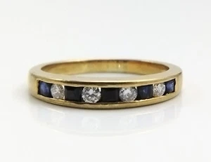 18K Yellow Gold Natural Blue Sapphire & Diamond Wedding Band Ring Size 5.5 FZ - Picture 1 of 7
