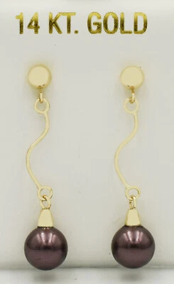 PENDIENTES COLGANTES DE PERLAS DE TAHITÍ GENUINOS DE 7 mm de oro amarillo de 14K * Nuevos con etiqueta * Foto 1 de 4