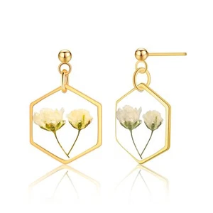 Women Handmade Earrings,Unique Pressed Flower Gold Plated Stud Resin Drop Dangle - Picture 1 of 7