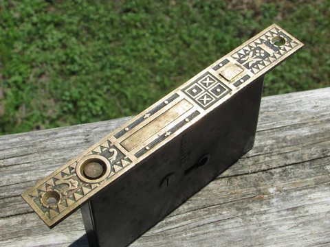 Antique 1890s SARGENT & CO Brass MORTISE Lock with Pushbutton DOOR PULL - NO KEY Cover