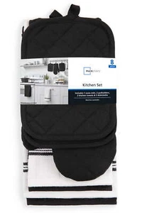 Mainstays Kitchen Towel, Dishcloth, Oven Mitt, and Pot Holder 8 Pack Set, Black - Picture 1 of 4