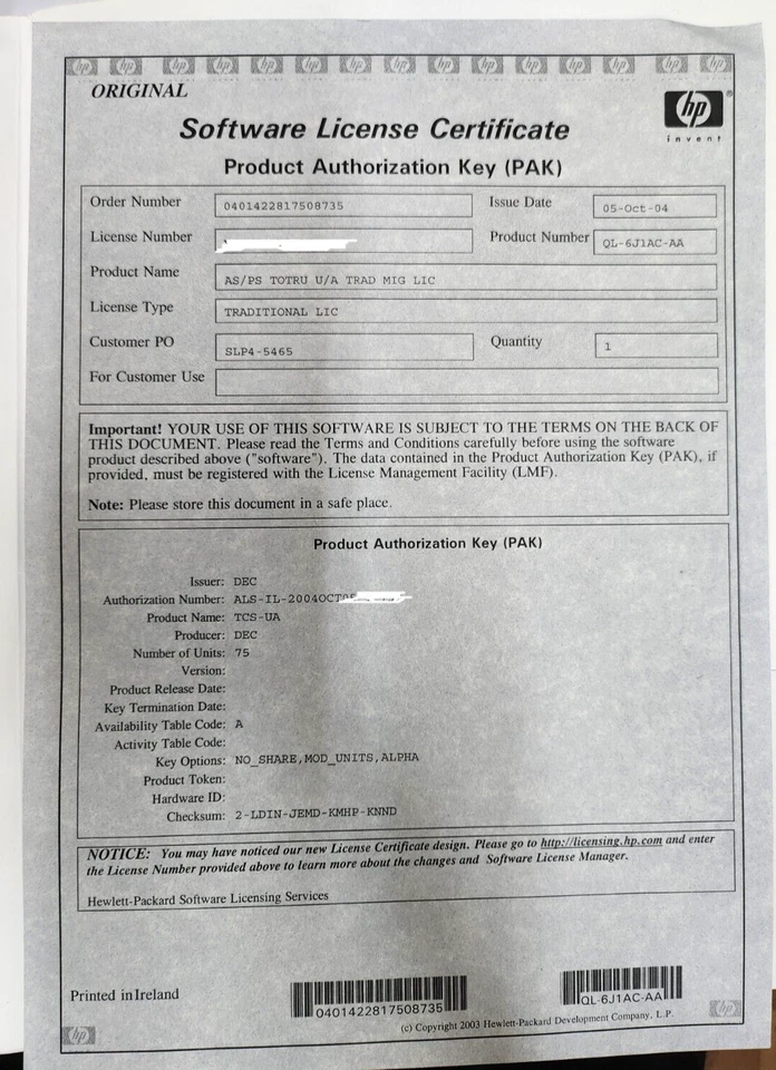 HP DEC QL-6J1AC-AA AS/PS TOTRU U/A Traditional Update License (for 75 units) - Image 1 of 1