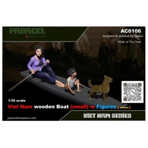 PARACEL MINIATURES VIETNAM SERIES AC0106 VIETNAM WOODEN BOAT W/ 2 FIGURES + DOG - Picture 1 of 4