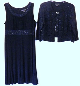 JESSICA HOWARD NAVY BLUE SLEEVELESS SEQUIN 2 PC DRESSY DRESS LACE JACKET 14 NWT! - Picture 1 of 10