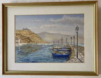 Vintage Watercolour Painting of Boats in Harbour Blue Sea Coast Mounted & Framed - Image 1 of 4