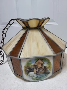 Vintage hängende Swag Lampe Buntglas 12" Bernstein Schildpatt Tiffany Stil - Bild 1 von 23