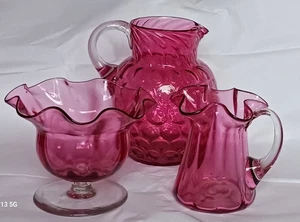 Antique X3 Cranberry Glass UV Sensitive Jug/Bowl - Picture 1 of 24