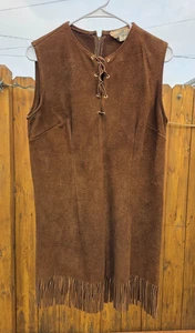 VINTAGE Trego's Westernwear Suede Fringe Dress Womens Brown Lace Up Boho 60s - Picture 1 of 24