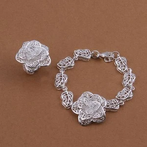 Fashion Silver pretty flower women cute Ring Bracelet set Jewelry wedding S442 - Picture 1 of 1