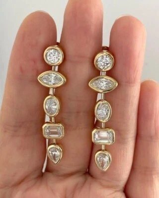 5.20 Ct Mixed Shape Moissanite Long Drop Stud Earrings 14K Yellow Gold Plated - Image 1 of 4