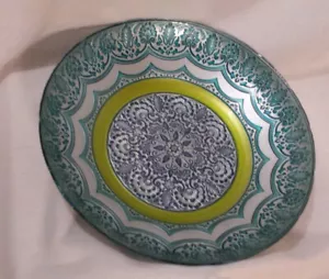 Metal Bowl Floral Embossed Mandala Silver Aqua Chartreuse Blue LG 15-5/8" W - Picture 1 of 20