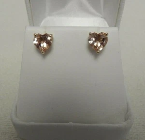 2.89cts Galileia Topaz 10K Gold Stud Earrings Morganite Color Heart - Picture 1 of 11