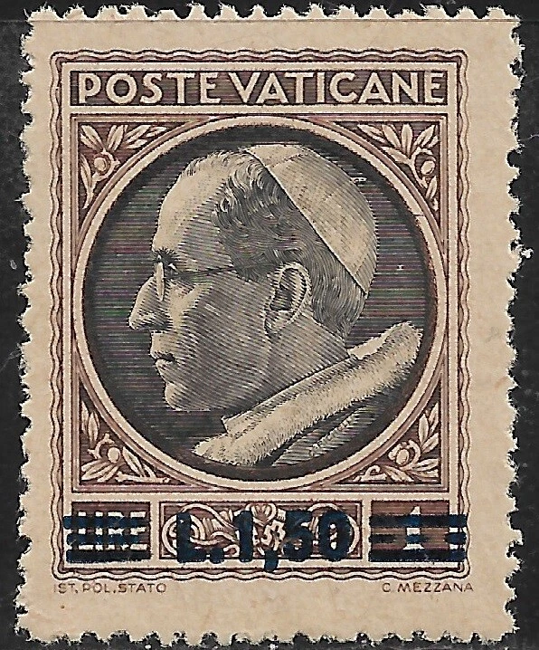 Vatican City Stamp - #105- Surcharged 1.50 l on 1 l OG Mint/LH 1946 - Image 1 of 1