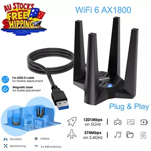 WAVLINK WiFi 6 USB Adapter AX1800, 4 Antennas, MU-MIMO, Win11/10, Driver-Free AU - Picture 1 of 11