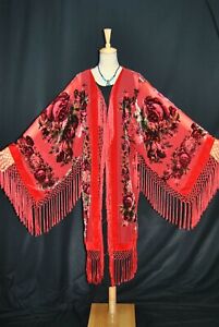 Art to Classic Hot Red Flower Burnout Velvet Fringe Jacket Coat Duster Kimono 