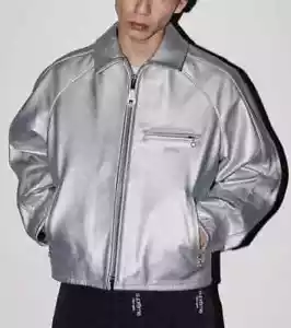 Men's Classic Silver Oversized Bomber Genuine Leather Jacket XS to 5XL - Picture 1 of 3