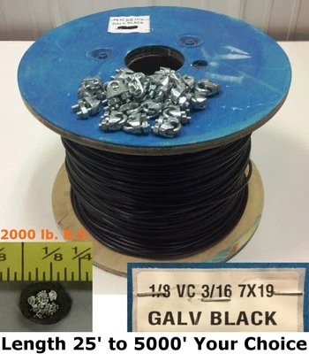 PINNON HATCH FARMS LLC / JONES-SPORTS Vinyl Coated Steel Aircraft Cable Wire 1/8" VC 3/16" 7x19 Black w/ Cable Clamps