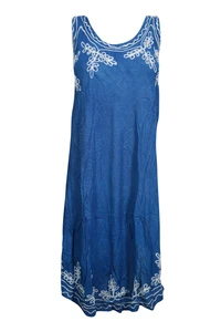 Boho Gypsy Hippie Chic Tank Dress Sleeveless Flared Blue Loose Beach Cover Up L