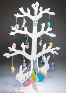 Easter Bunny Wooden Tree 18" Table Top Decoration With 12 Wooden Ornaments - Picture 1 of 3
