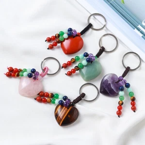 Crystal Quartz Heart 7 Chakra Stone Beads Tassel Keyring Keychain CarCharm - Picture 1 of 18