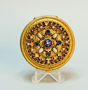 1890's Heinrich Hoffmman Jeweled Gilt Brass Powder Compact Seed Pearls Enamel