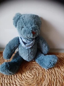 Peluche doudou ours bleu pétrole bandana carreaux Becquet état neuf  - Picture 1 of 3