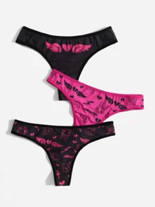 Kawaii Anime Japan Cute Cartoon Black Pink Microfiber Thong Panties - Pack of 3 - Picture 1 of 4