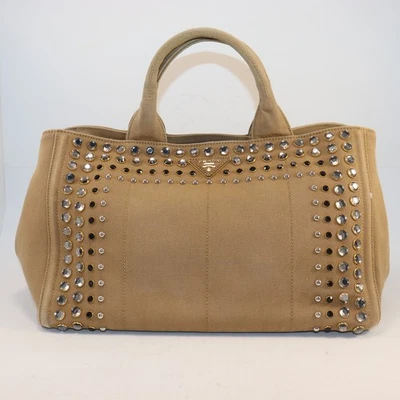 Bolso de Mano Prada Bijou Diamantes de Imitación Canapa Tachonado Bolso de Lona con Tachuelas con Correa + Bolsa para el Polvo Foto 1 de 4