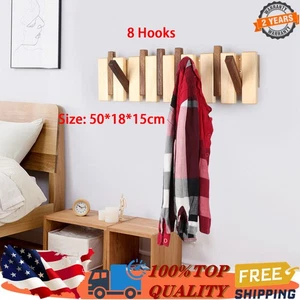 Wood Coat Rack Hanger w/ Flip-Down Hooks Wall Mounted Clothes Rack Coat Hanger!! - Picture 1 of 10