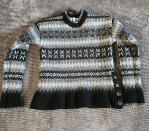 Obermeyer 100% Wool Sweater, Youth Small, Button Accents, Black And Gray Pattern - Picture 1 of 9
