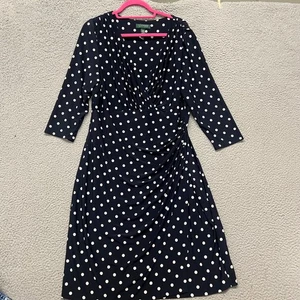 Lauren Ralph Lauren Dress Womens 14W Blue Polka Dot V Neck Classy Ruched Elegant - Picture 1 of 13