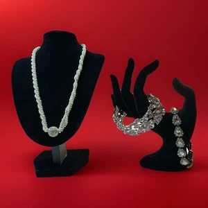 Vintage Faux Pearl Necklace Lot Rhinestone Bracelets 1950s Costume Jewelry - Picture 1 of 8