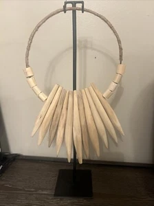 Teak Wood Necklace Handmade Tribal Sculpture with Stand, 10" x 5" x 21", Gray - Picture 1 of 4